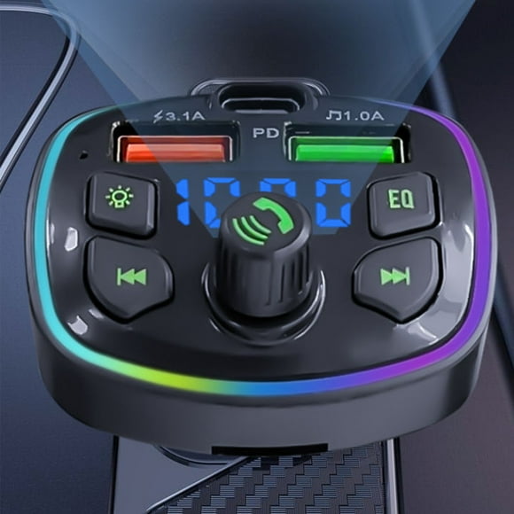EGNMCR Multi-Functional FM Transmitter/Radio Adapter/Car Charger/Bluetooth Music Player, With RGB Colorful Atmosphere Lights,USB QC3.0 Charge And Type-C PD Charge FM Transmitter