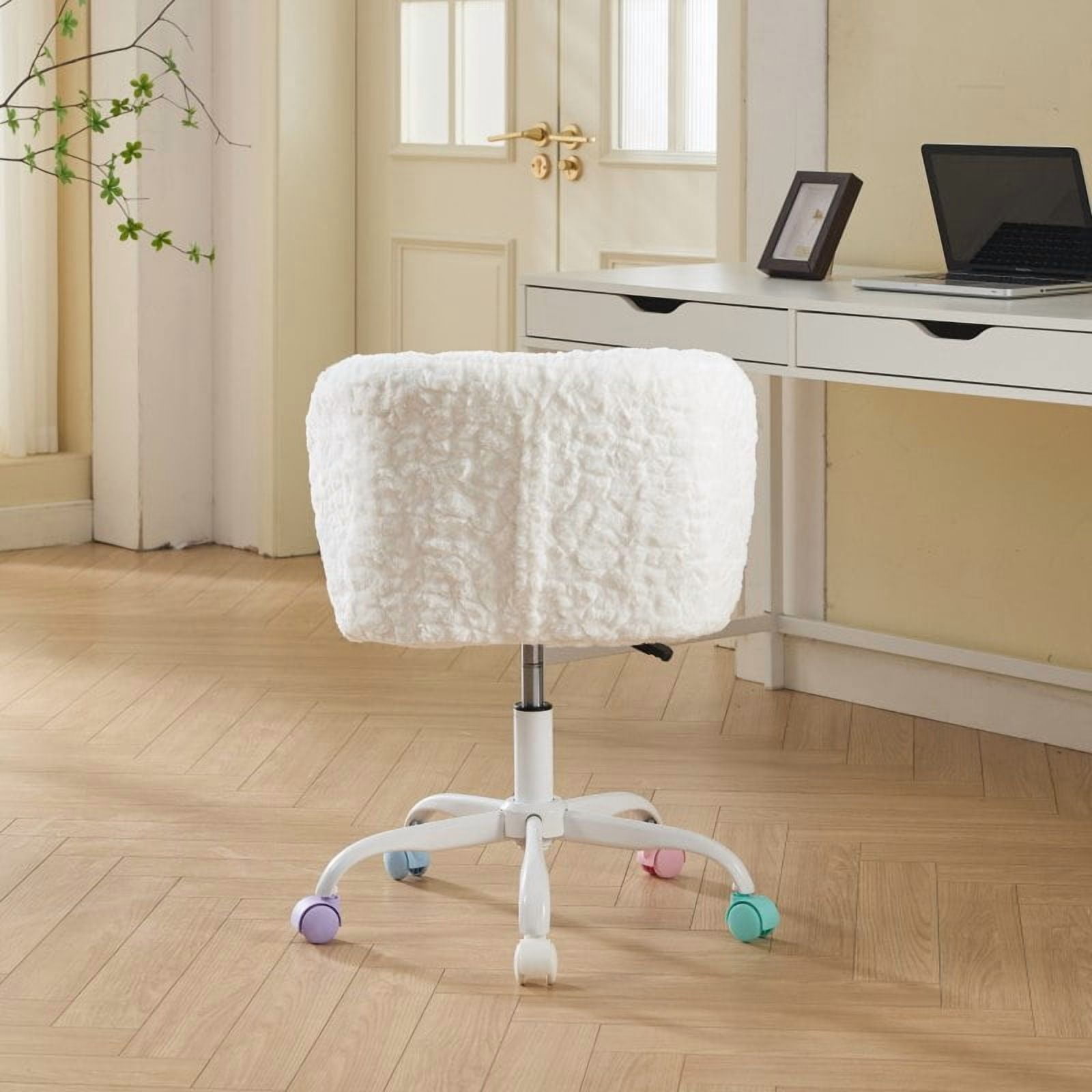 White Fuzzy Desk Chair with Wheels, Fluffy Vanity Chair for Women & Teens, Faux Fur Swivel Makeup Chair, Adjustable Height for Bedroom Small Space