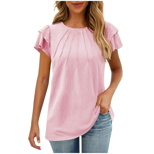 Camisas de Cuello de Tripulación de Manga Corta para las Mujeres Plisado Mangas de Ruffle, Cuello Redondo Casual Primavera Y Blusa de Verano