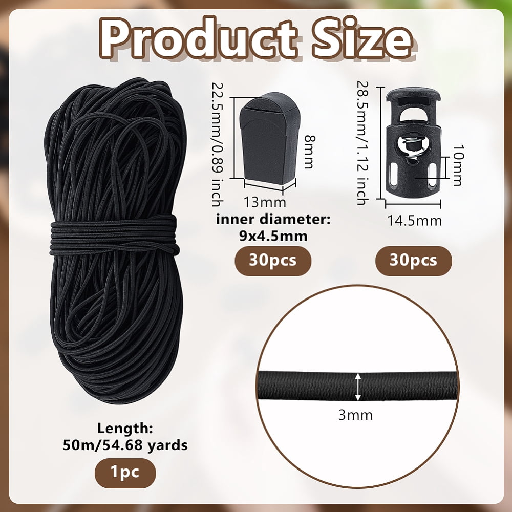 50M Polyester Round Elastic Cords with 30Pcs Plastic Cord Locks and 30Pcs Plastic Zipper Pull Cord Ends for Cord Tether Tip Cord Lock Black