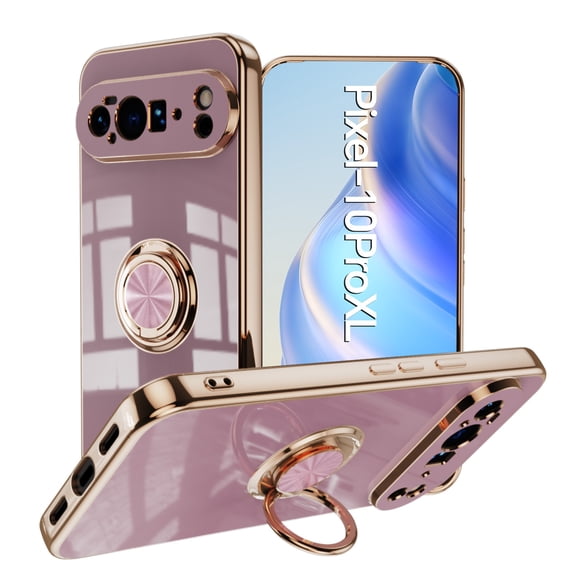 Case for Google Pixel 10A Case with Ring Stand [360° Rotatable Ring Holder Magnetic Kickstand][Support Car Mount] Plating Rose Gold Edge Soft Flexible TPU Luxury Phone Case Cover, Purple