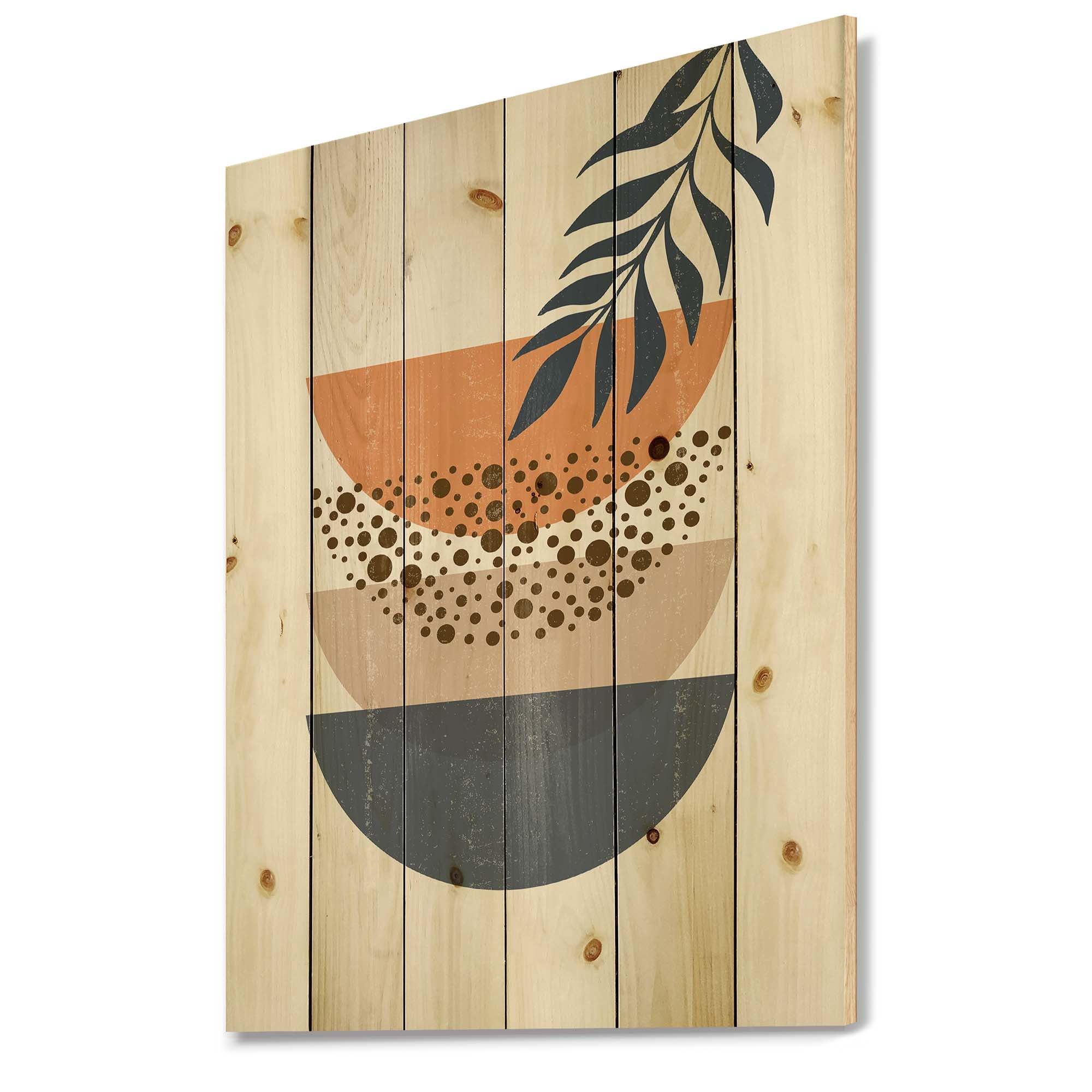 Designart 'Abstract Geometrical Moon and Sun With Leaf IV' Modern Print on Natural Pine Wood