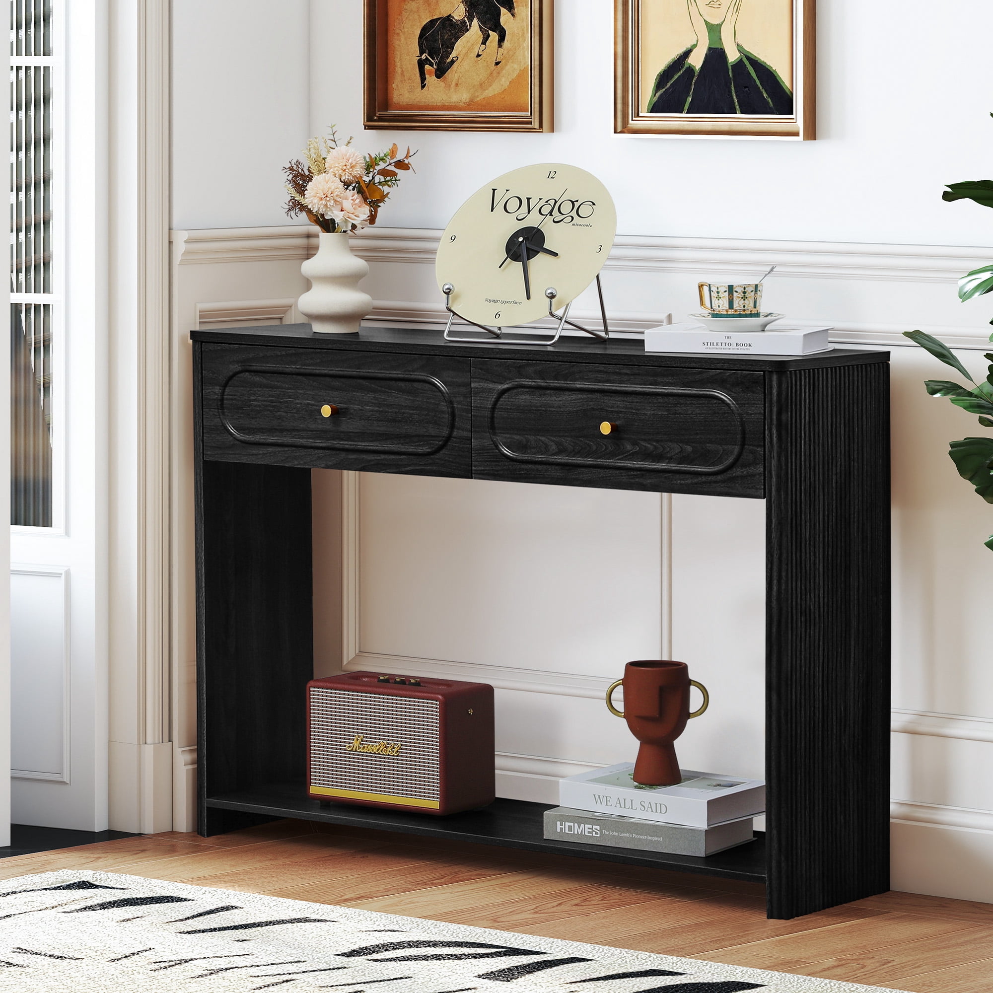 Wirrytor Black Console Table with 2 Drawers for Entryway, Modern Sofa Table for Living Room, Narrow Sofa Table with Open Storage Shelf, Hallway Table and Couch Table Behind Sofa