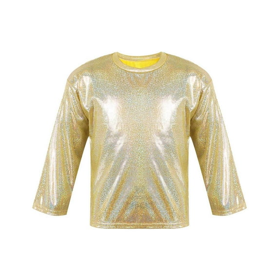 TiaoBug Kids Boys Girls Top Metallic Shiny Long Sleeve T-Shirt Sequins Hip Hop Dancewear