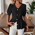 thumbnail image 6 of Mifsaly Womens Peplum Tops V Neck Puff Sleeve Button Down Shirts Ruffle Hem Fitted Waist Summer Casual Elegant Tunic Top Black,XL, 6 of 7