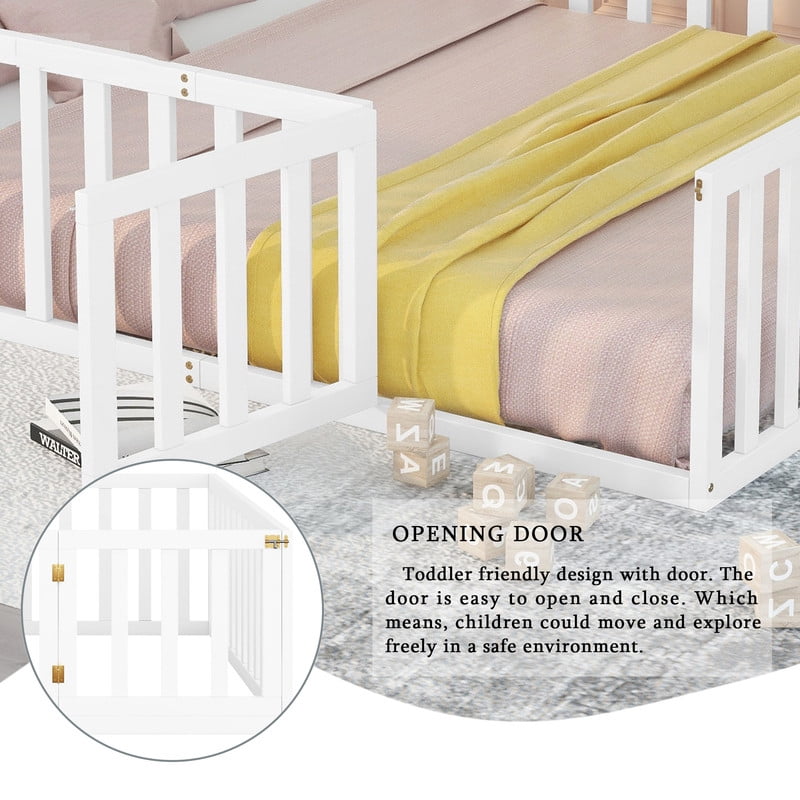 Queen Size Wood Floor Bed with Door & Fence, Montessori Bed Frame with Full Length Safety Guardrails, Wood Queen Bed with Slats, No Box Spring Needed-White