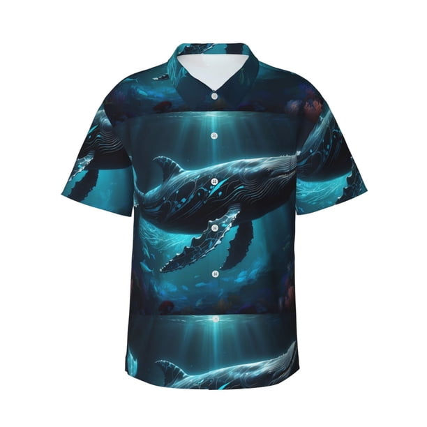Fotbe Vintage Blue Pattern Whale Camisa Hawaiana para Hombre Unisex – Camisa Casual de Verano con Botones de Manga Corta de Algodón y Lino,X-Large