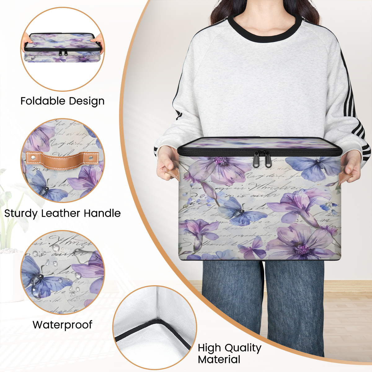 CURLYOOT Purple Flower Butterfly Fabric Storage Bins with Lids, Phrase Words Foldable Storage Boxes Washable Storage Cube, Closet Bedroom Home Organizer Containers with Handles
