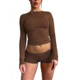 thumbnail image 3 of Diconna Ensemble de Vêtements pour Femmes Shorts Automne Couleur Unie Ajusté Col Rond Manches Longues Crop Tops Shorts 2 Pcs, 3 of 5