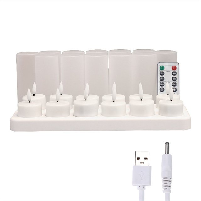Velas Sin Llama con Temporizador de Control Remoto y Base de Carga, 12 Velas LED con Batería Recargable por USB