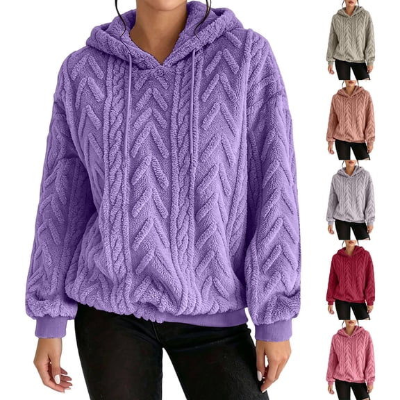 FAVIPT Womens Fuzzy Hoodie Sweatshirt Cable Knit Drawstring Sherpa Cozy Sweatshirts Oversized Casual Warm Winter Clothes Pink,S