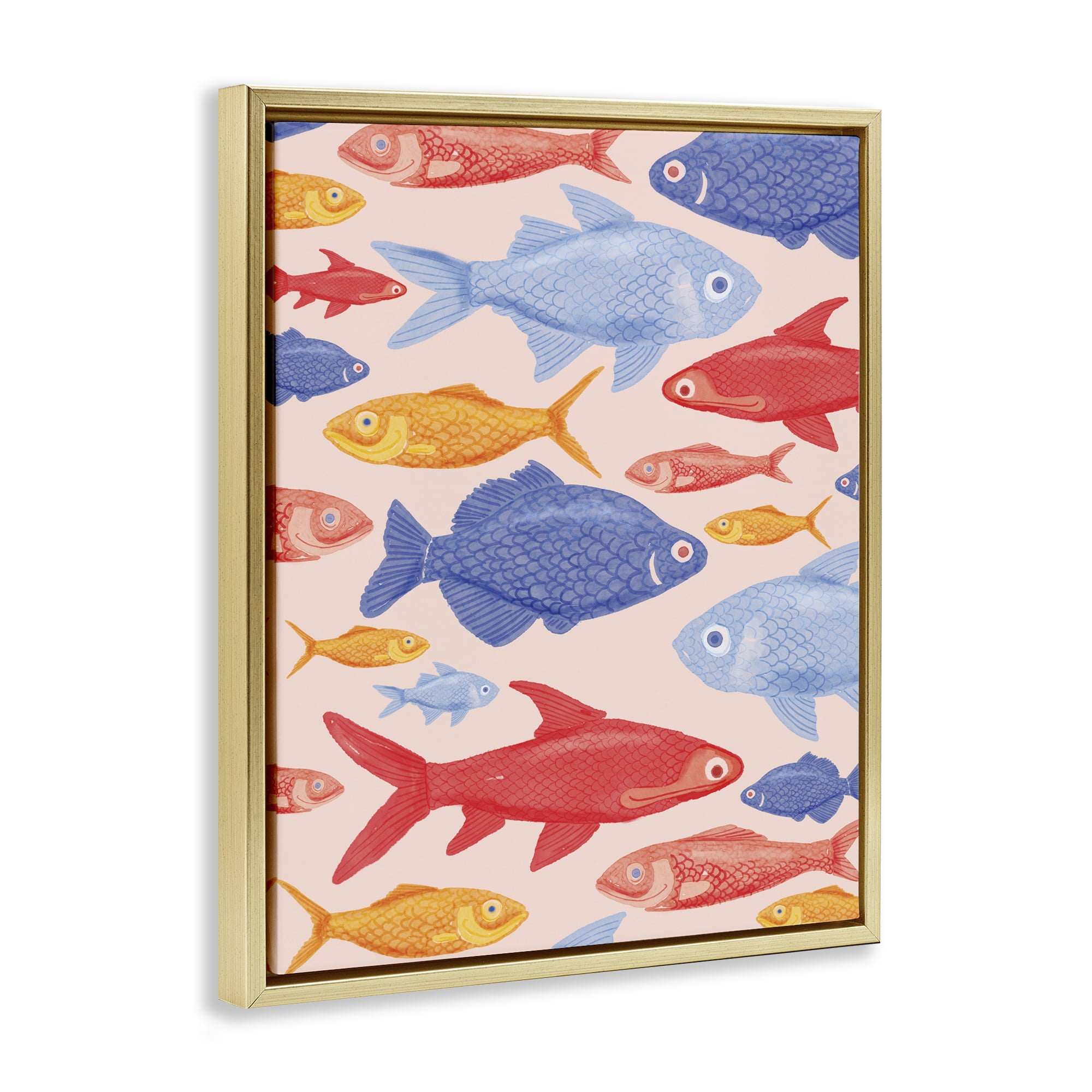 Stupell Industries Red Yellow and Blue Fish Gold Framed Floater Canvas Wall Art, design by The Paper Curator
