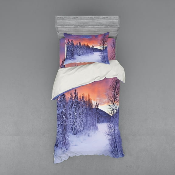 Ambesonne Winter Bedding Set 3 Pcs, Frozen River Sunrise, Twin XL, Multicolor