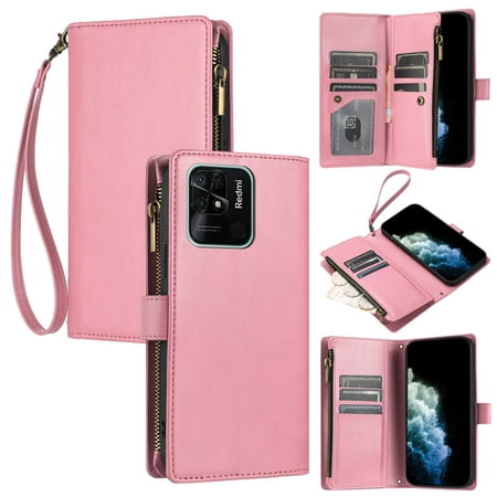 Xiaomi Redmi 10C Case , Card Slots PU Leather Folio Flip Wallet Zipper Compatible with Xiaomi Redmi 10C Cover - Pink