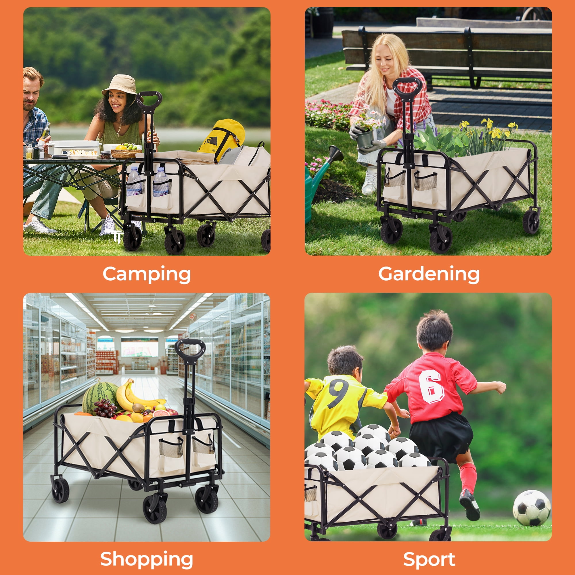 Folding Utility Wagon, Collapsible Outdoor Wagon Cart for Camping, Gardening, Picnic, Beach, Beige