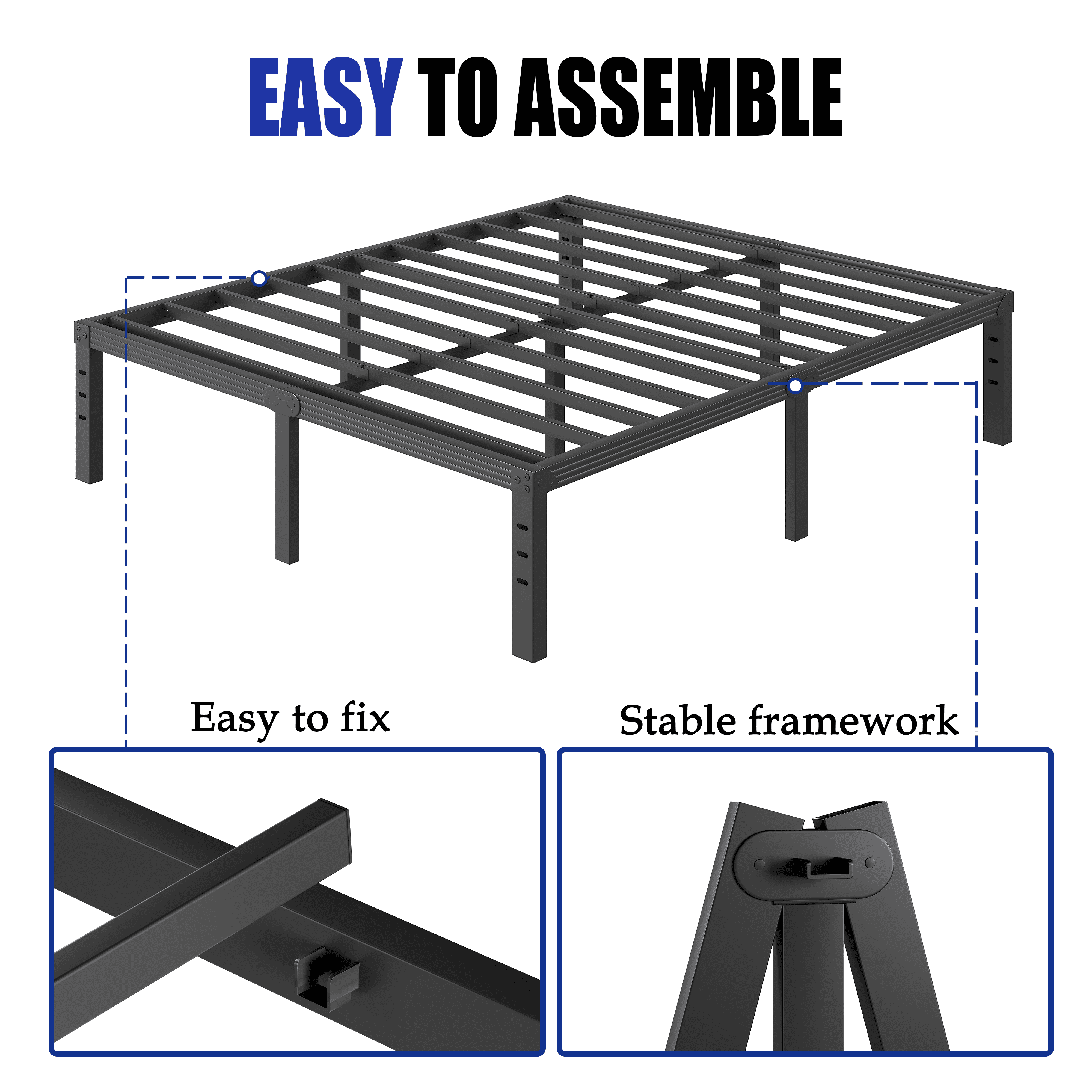 COMASACH 18 inch Queen Bed Frame, Easy Assembly, Heavy Duty Metal Platform, Noise Free, Black