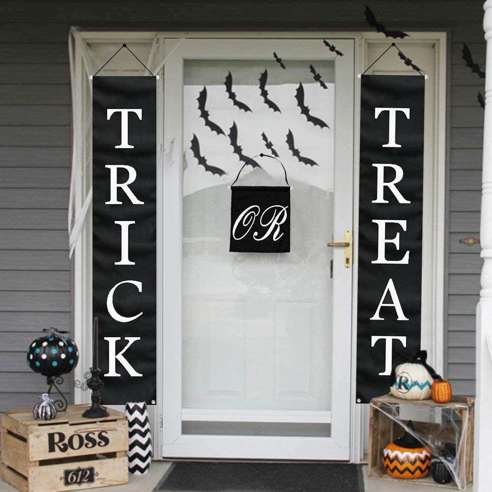 3 Pieces Halloween Decorations Outdoor Halloween Banner Porch Signs Trick or Treat Happy Halloween Hanging Flag Banner with 12 Pieces 3D Bat Wall Stickers for Halloween Party Decoration