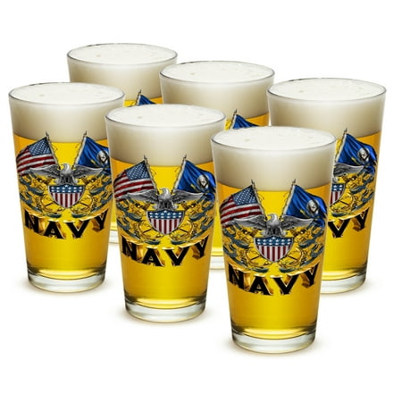 Pint Glasses – United States Navy Gifts for Men or Women – US Navy American Beer Glassware – Double Flag Eagle Navy Shield Glass with Logo - Set of 6 (16