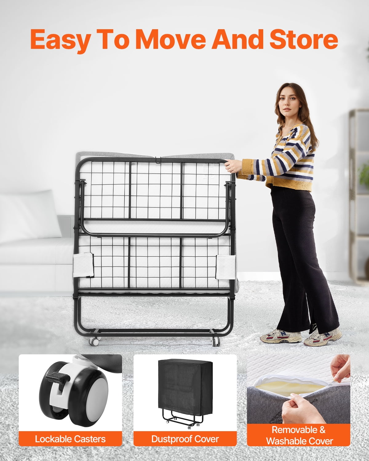 KFFKFF Rollaway Bed, 38 in x 75 in Folding Bed with 5 in Mattress, Twin Size Foldable Bed with Durable Metal Frame & Memory Foam Mattress, Portable Twin Roll Away Bed with Mattress, for Adults, Guest