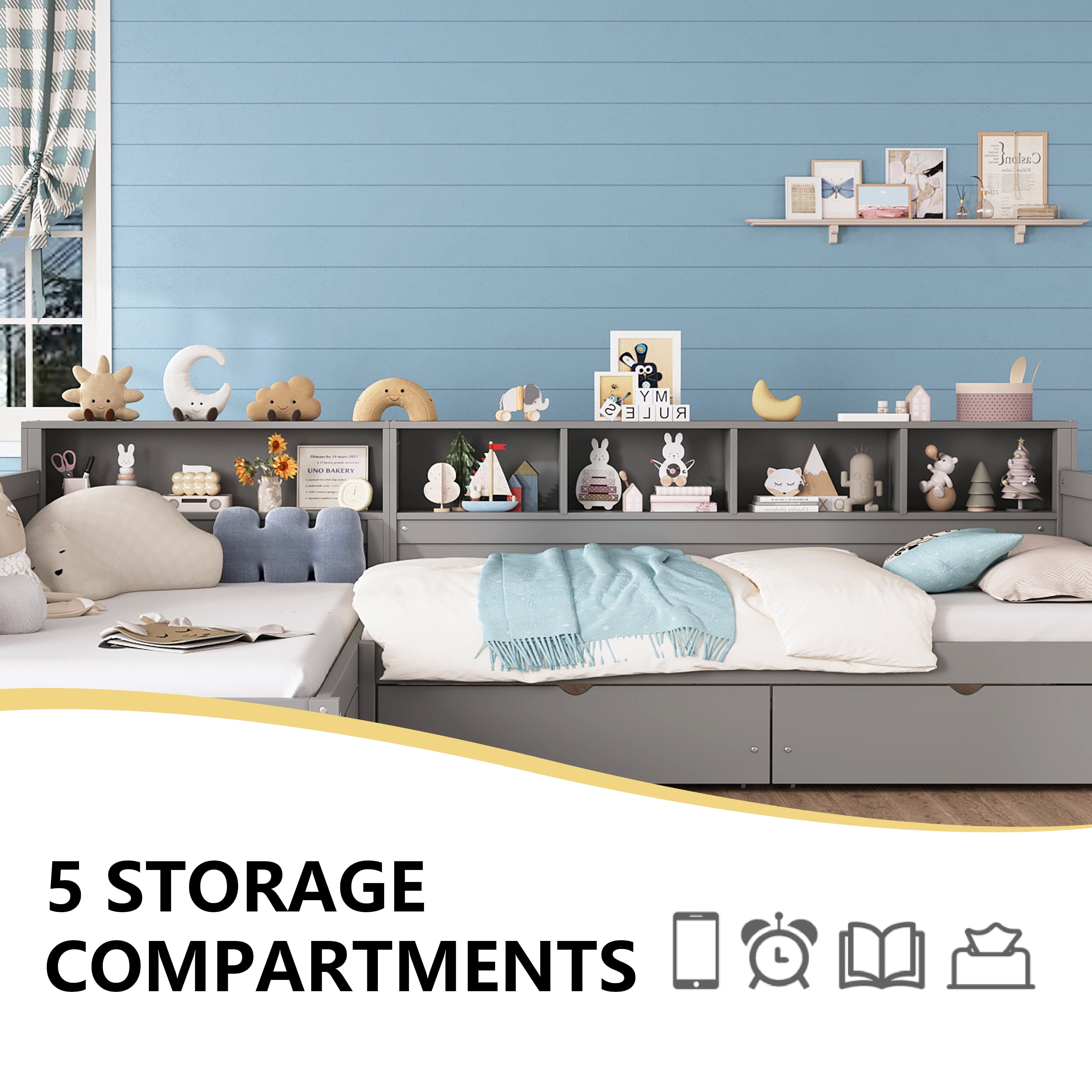 Euroco Wood Twin Size L Shaped Platform Bed with Drawers, Captain Bed with Shelves and Cabinets, 2 Beds in One, Grey