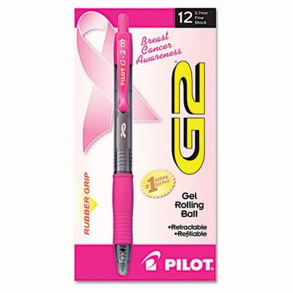 Pilot  G2 Pink Ribbon Roller Ball Retractable Gel Pen Black Ink Fine 1 Dozen - Pink
