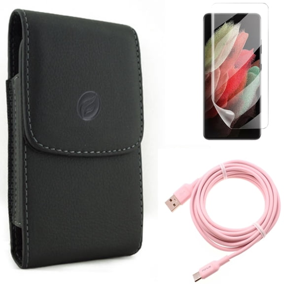 Matte Screen Protector & 10ft Long USB-C Cable & Case Belt Clip for Samsung Galaxy S21 Ultra Phone - TPU Film Anti-Glare & Pink Charger Cord & Leather Holster Accessory Bundle