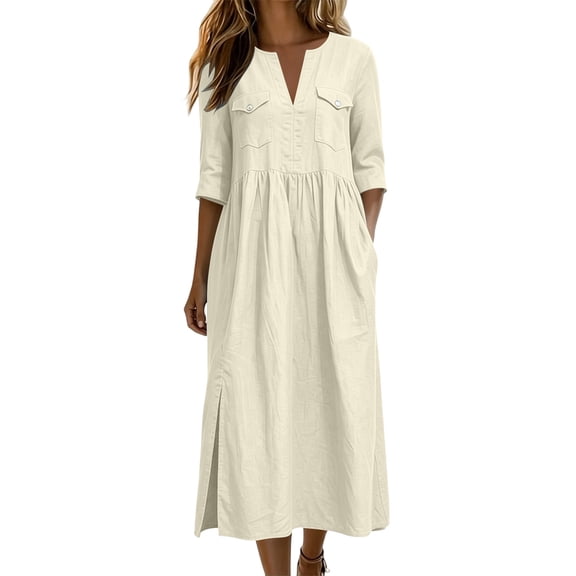 QIYAGBSA Summer Dresses for Women Cotton Linen 3/4 Sleeve Relaxed Fit Midi Dress with Pockets and Side Slits Casual Vacation (White, XL)