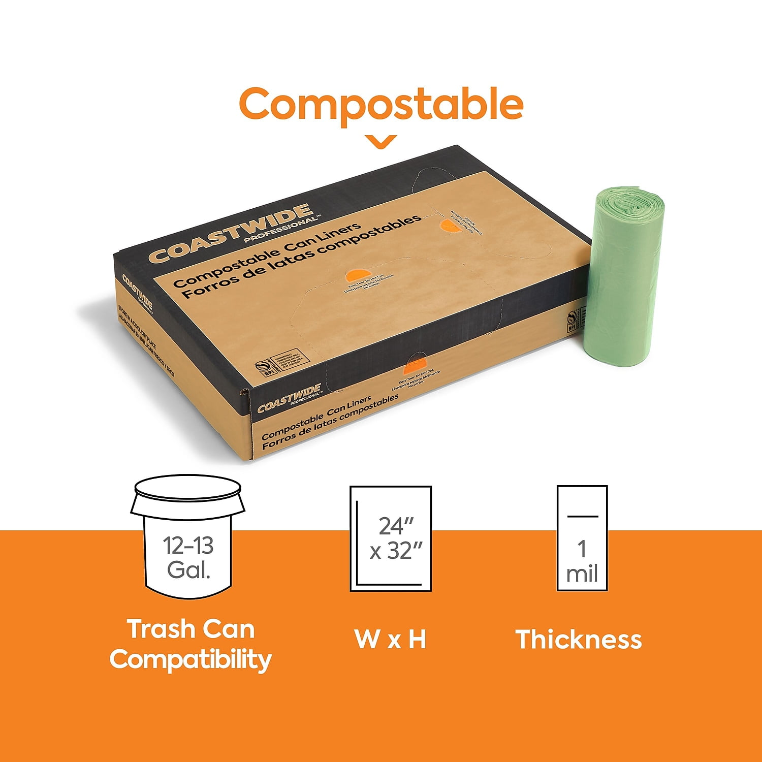 BioTuf Compostable 12-16 Gallon Trash Bags Y4832YE