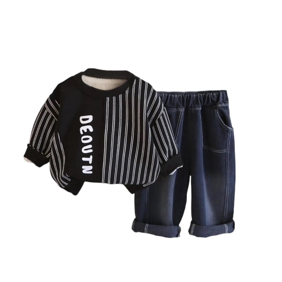 Toddler Boys Two Piece Outfit Set Striped Long Sleeve Pullover Top and Elastic Waist Denim Pants Casual Clothing