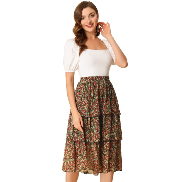 Falda escalonada con Dobladillo con Volantes y Cintura Alta de Otoño Floral para Mujer rojo S Allegra K