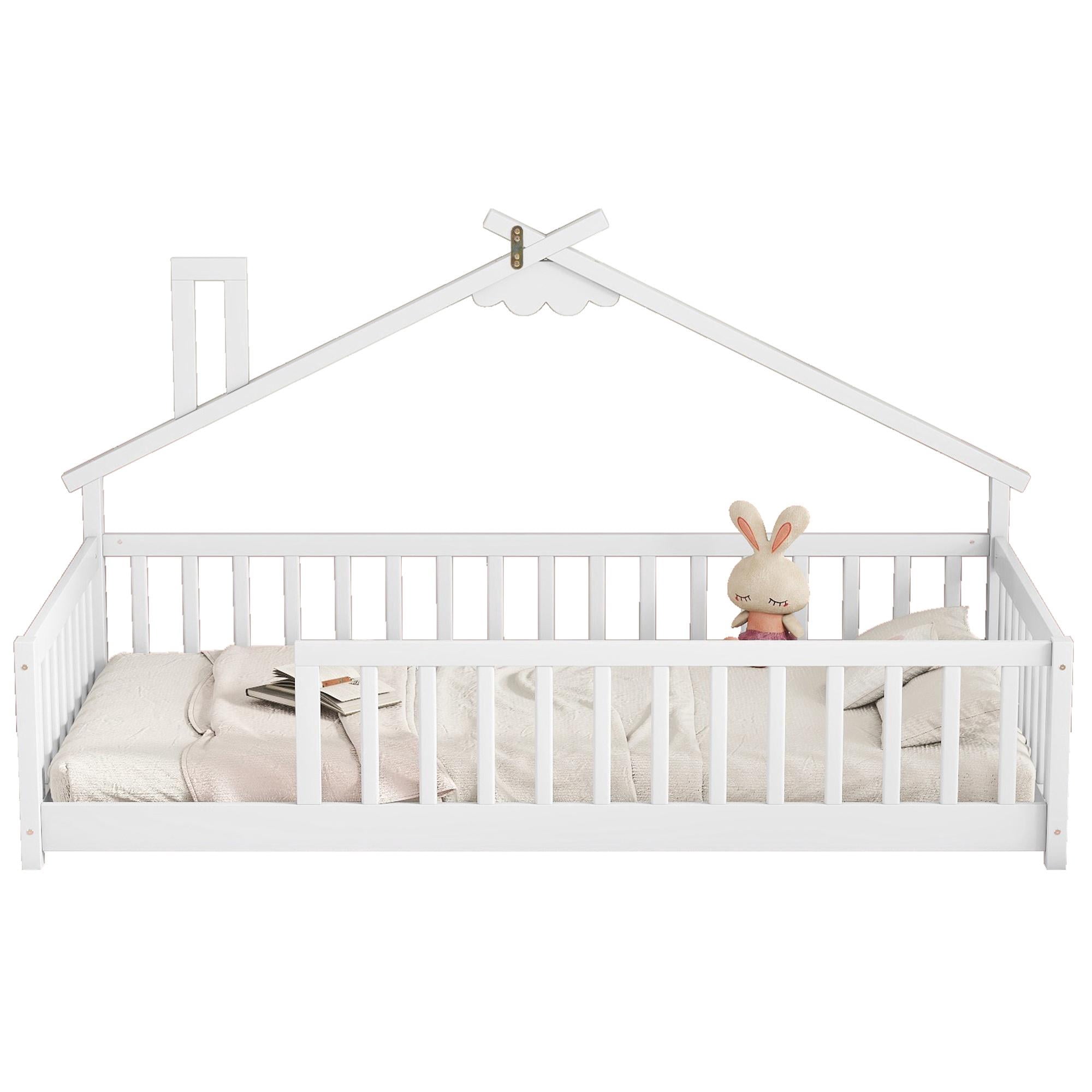 PORKISS Kids Montessori Floor Bed, Twin Floor Bed with Fence for Girls and Boys, without Door, White