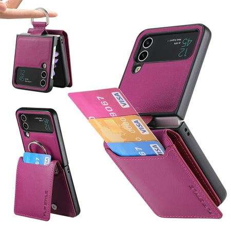 K-Lion Wallet Case for Samsung Galaxy Z Flip 3 5G , Premium PU Leather Card Slot Ring Holder Slim Thin Case Anti-Scratch Shockproof Protective Dropproof Case Cover for Samsung Galaxy Z Flip 3,Purple