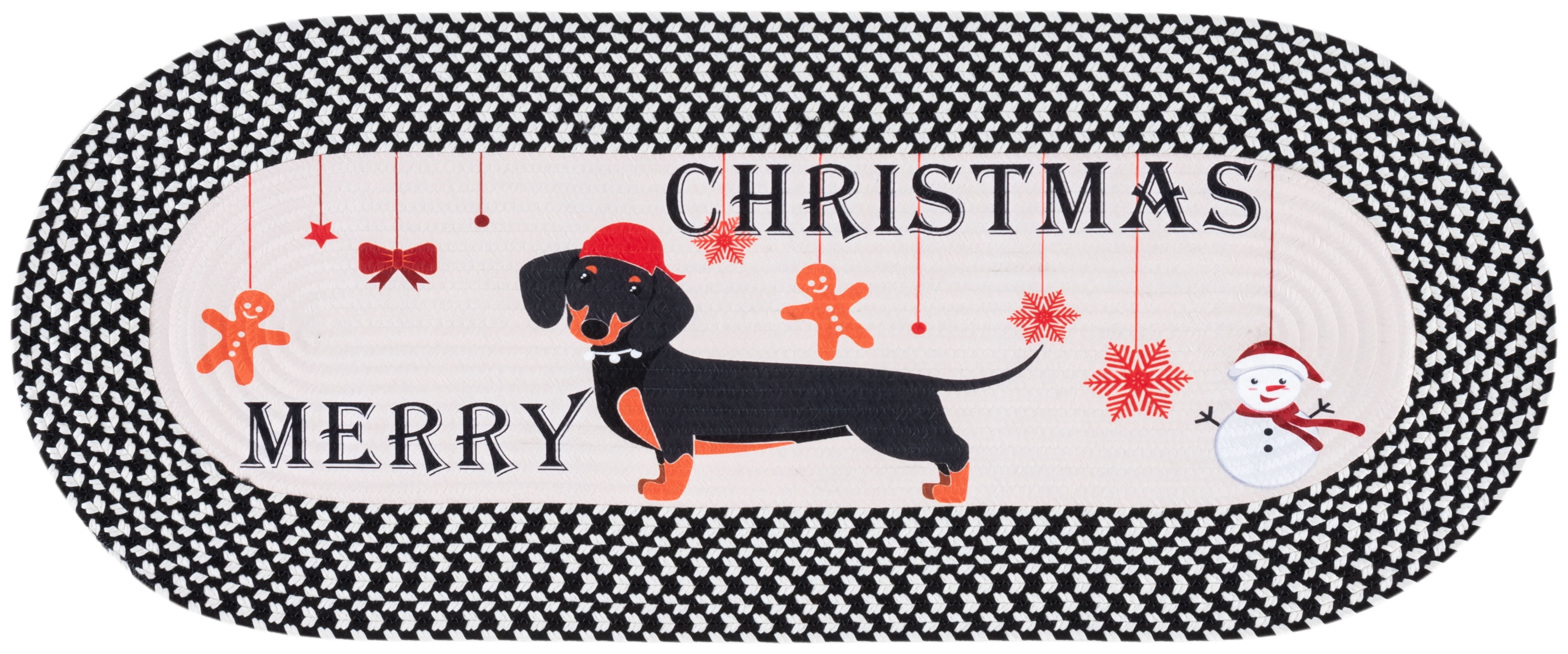 Safavieh Braided Posters Merry Christmas Dachshund Runner Rug, Ivory/Black, 1'8" x 4' Oval