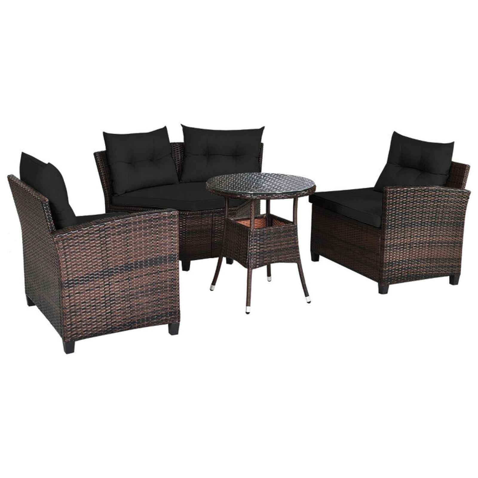 Furnibear 4 Pieces Outdoor Cushioned Rattan Furniture Set Patio Conversation Set with Loveseat Two Armchairs and Table for Backyard, Black