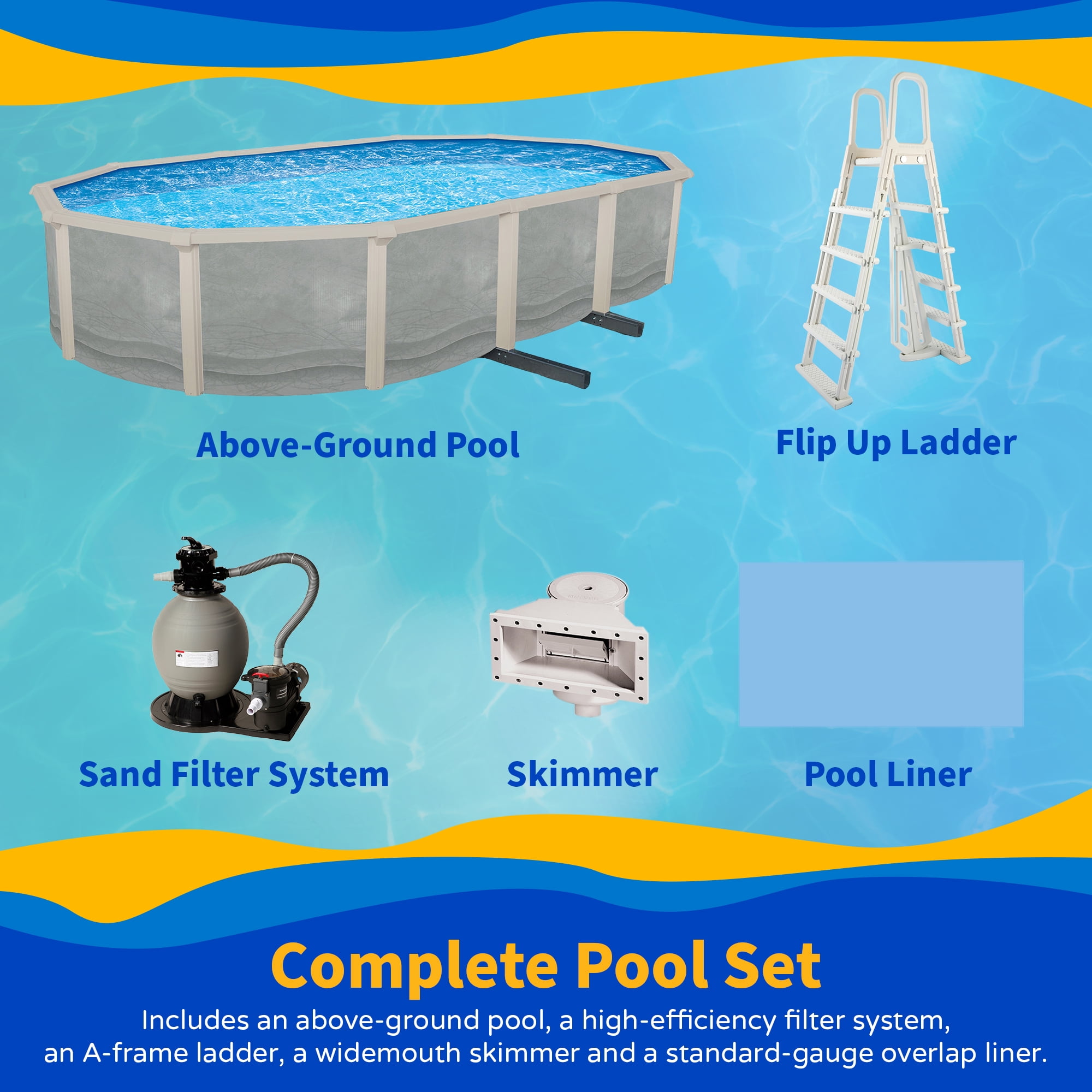 Blue Wave Trinity 18-ft x 33-ft Oval 52-in Deep Steel Wall Above Ground Pool Package with 7-in Top Rail