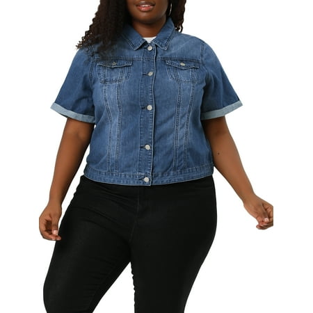 MODA NOVA Juniors Plus Size Fall Button Down Crop Jean Trucker Denim Jacket 1X Blue