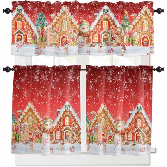 Christmas Gingerbread 3 Pieces Kitchen Curtains Valances Set Red Short Curtain Rod Pocket Window Curtain Window Treatment Tiers Valances (Single Panel 54"x18",2 Tiers 27.5"x36")