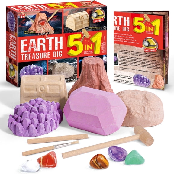 Piano Potato 5-in-1 Earth Treasure Dig Kit for Kids, STEM Geology Science Toy with Real Crystals & Gems, Complete Excavation Set with Tools for Boys & Girls Ages 6-12