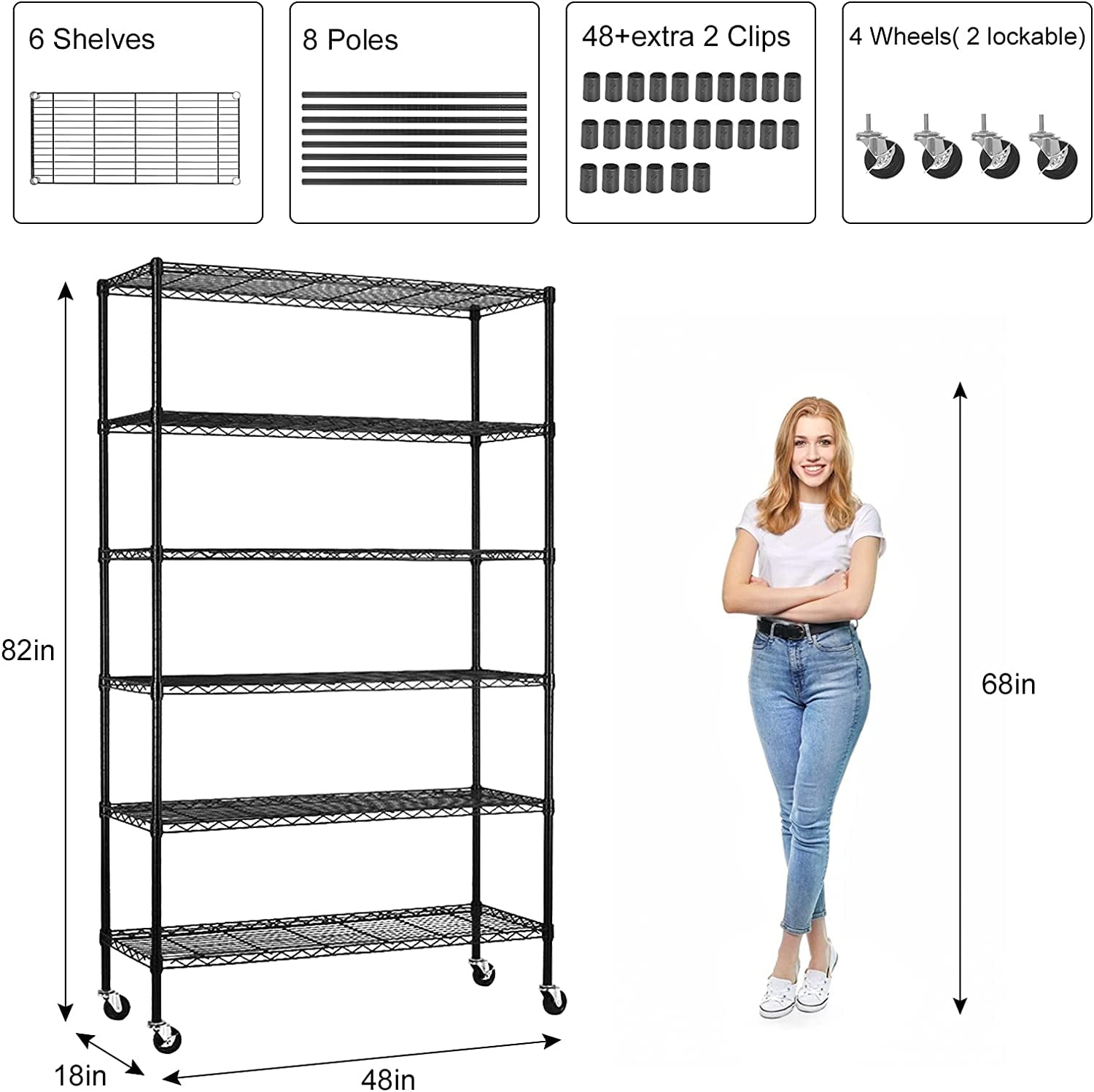 6-Tier Storage Shelves NSF Certified Wire Shelving Unit on Wheels Heavy Duty Metal Shelves Adjustable Steel Shelving 2100Lbs Capacity for Closet Pantry Basement- (18"x48"x82", Black)