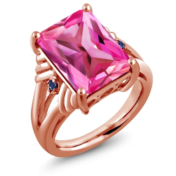 Gem Stone King 18K Rose Gold Plated Silver Pink Created Sapphire and Blue Created Sapphire Engagement Ring for Women (10.04 Cttw, Gemstone September Birthstone, Emerald Cut 14X10MM, Size 9)