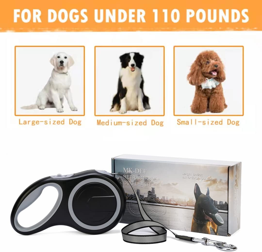 26Ft Retractable Dog Leash Heavy Duty for Dogs up to 110 lbs with Anti-Slip Handle One-Handed Brake Strong Nylon Tape Tangle Free Large Size
