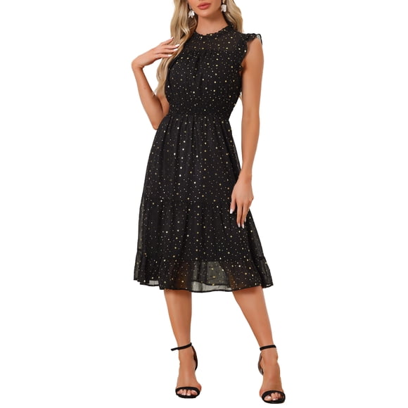 INSPIRE CHIC Women's Chiffon Dress Sleeveless Smocked Waist Gilding Metallic Star Party Dress Black M