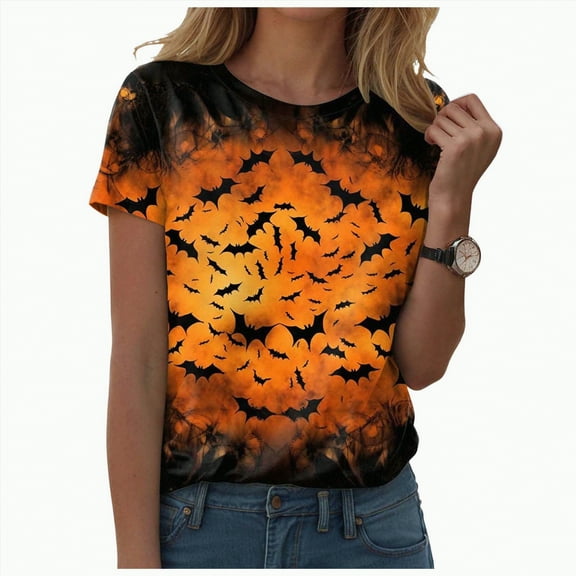 HCNTES Halloween Shirt Women Cute Spooky Ghost Graphic Shirts Halloween Spooky Season T-Shirt Casual Fall Short Sleeve Tops(XL,A74-Orange)