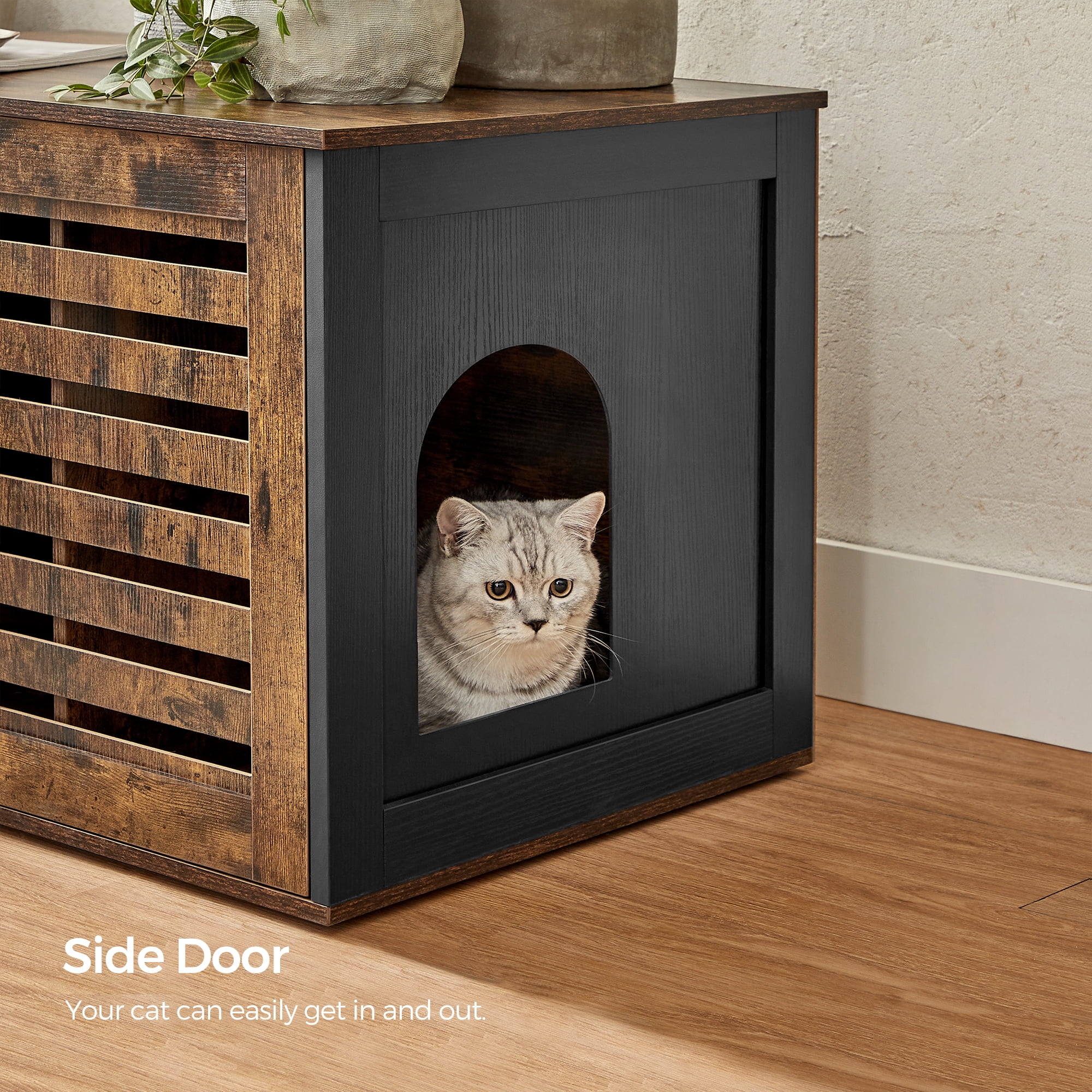 FEANDREA Cat Litter Box Enclosure with Removable Divider, Indoor Cat House, End Table with 2 Shutter Doors, 31.5 x 20.9 x 19.4 Inches, Rustic Brown and Black