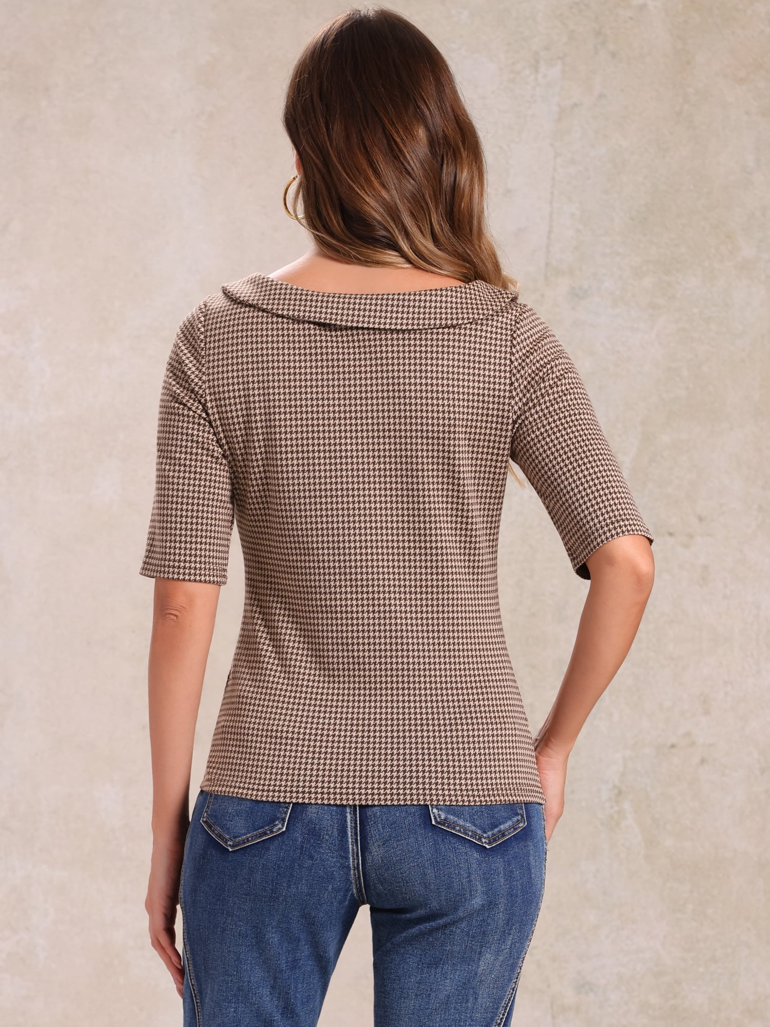 DARING DIVA Women's Half Sleeve Boat Neck Houndstooth Tops M Brown