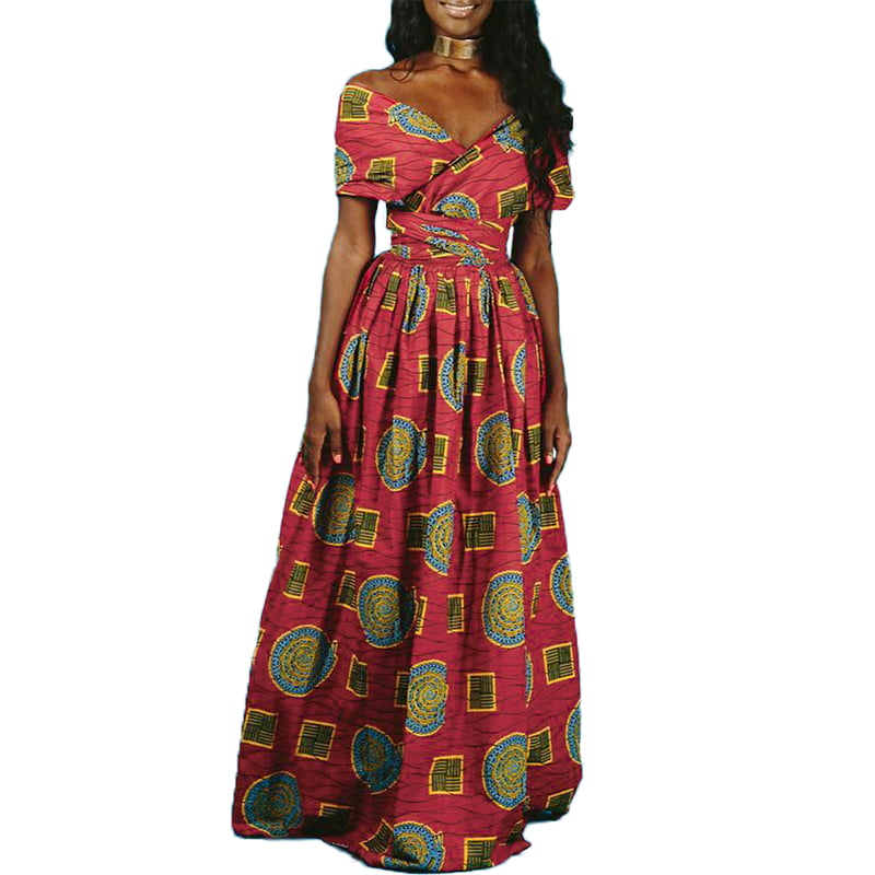 Anself - Women African Printed Maxi Dress Muti Way Slit Halter Off ...