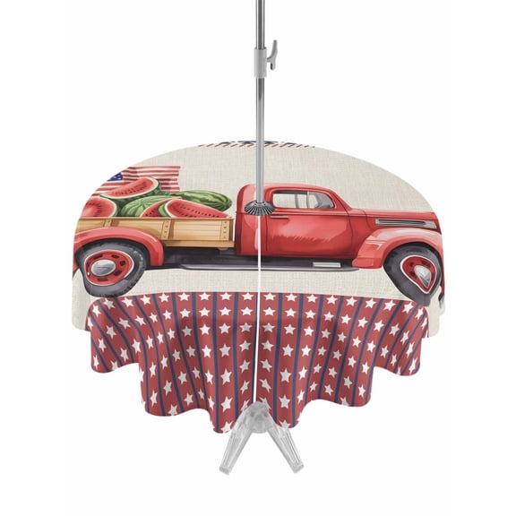 Outdoor Tablecloths with Umbrella Hole & Zipper, 4th of July Round Tablecloth 54 Inch, Red Truck Watermelon Patriotic Star USA Flag Waterproof Table Cloth, Patio/Pool/Picnic Table Covers