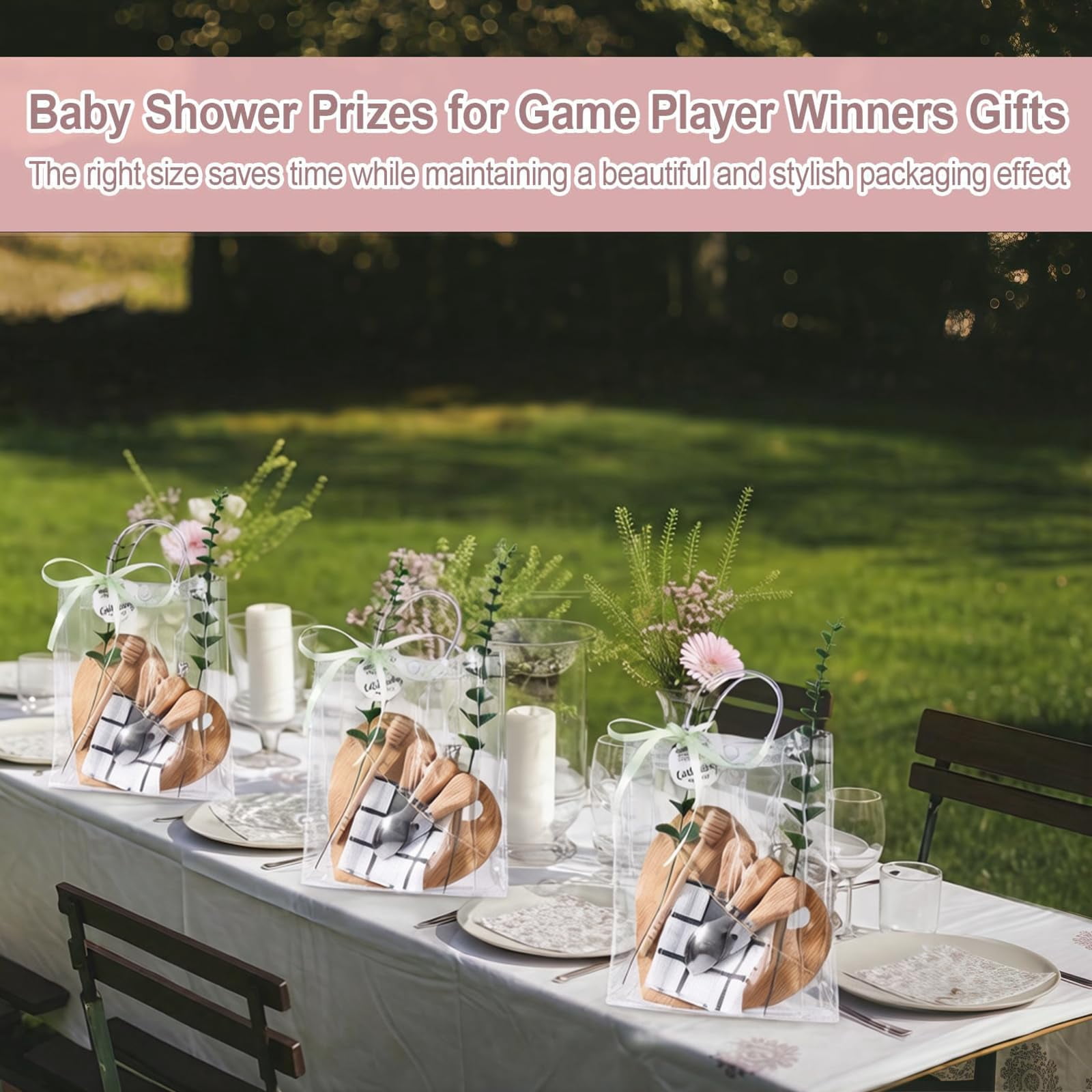 62 Pcs/6 Set Baby Shower Prizes for Game Winners, Heart Bamboo Cheese Board Gift for Guest with Knives Fork Spoon, Honey Sticks, Tablecloth, Eucalyptus Stem, Gift Bag, Bridal Shower Party Favors