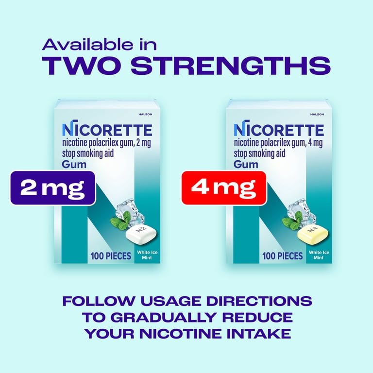 Nicorette Stop Smoking Aid, 4 mg, Gum, White Ice Mint, 100 Pieces