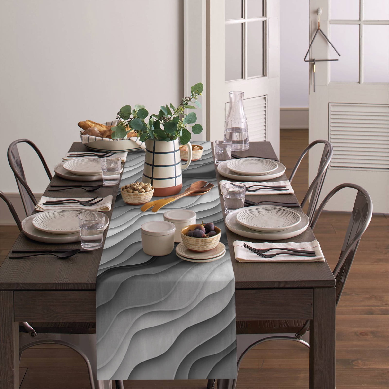 Table Runner Dresser Scarves 90 Inch Long, Gray and White Gradient Ombre Art Linen Dining Table Runners Geometric Abstract Wave Stripes Tabletop Scarf for Wedding Holiday Party Kitchen